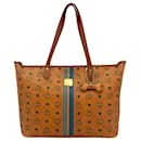 MCM Top Zip Shopper Bag Handbag Handle Bag Cognac Stripe Medium Logo