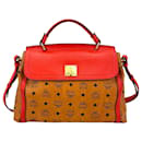 MCM Visetos Leather Crossbody Bag Shoulder Bag Cognac Red Logo Print