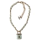 CC B18P Logo Green Large Padlock Leather Necklace RARE box - Chanel