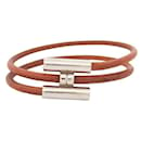 BRACELET HERMES TOURNIS 21 CM ACIER PALLADIE CUIR MARRON BIJOU BANGLE JEWEL - Hermès