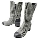 CHANEL BOOTS G31207 36.5 TWEED BLACK LEATHER LOGO HIGH BOOTS SHOES - Chanel