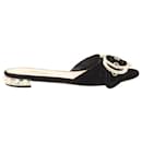Miu Miu Pearl Embellished Buckle Flat Sandals in Black Velvet