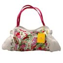 Etro Blanco / Bolso de hombro de lona con bordado floral multicolor rosa