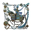 VINTAGE FOULARD HERMES LE TIMBALIER 1ERE EDITION SOIE BEIGE BLUE SILK SCARF - Hermès