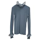 Maglione dolcevita arricciato in maglia di lana blu grigio Chanel e rete