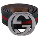 Gucci GG Buckle Striped Belt in Multicolor Canvas and Leather