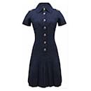 CC Buttons Navy Pleated Dress - Chanel