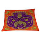 HERMES Carre Pleated LES CAVALIERS D'OR Scarf Silk Purple Orange Auth 65451 - Hermès