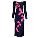 Carolina Herrera Navy Blue / Pink Floral Stretchy Knit Midi Dress - Autre Marque