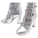 NEW CHANEL G ANKLE BOOTS34489 37.5 SILVER LEATHER INTERLACE CHAIN ANKLE BOOTS - Chanel