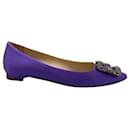 Satin Purple Pointed Toe Flats with Silver Embellishments - Manolo Blahnik