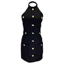 Balmain Black / Gold Button Detail Fitted Stretch Knit Halter Mini Dress - Autre Marque