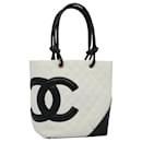 CHANEL Cambon Line Tote Bag Leather White CC Auth am5197A - Chanel