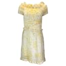 Valentino Ivory / Yellow / Green Multi Floral Printed Ruffled Short Sleeved Silk Dress - Autre Marque