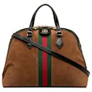 Bolso satchel de gamuza Ophidia con tribanda mediana marrón Gucci