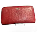 Red CHANEL Camellia Long Zip Wallet - Chanel