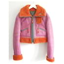 Giacca da motociclista rosa in pelle e shearling Diesel cropped