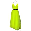 Alice + Olivia Neon Yellow / Black Mesh Tulle Long Halterneck Dress - Autre Marque