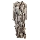 Zimmermann Grey / White Paisley Printed Ruffled Belted Long Sleeved Silk Midi Dress - Autre Marque
