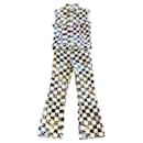 Giambattista Valli White / Black Multi Checkered Floral Print Denim Vest and Jeans Two-Piece Set - Autre Marque