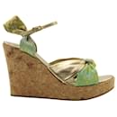 Missoni Platform Wedge Sandals in Green Fabric and Gold Leather