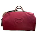 Travel bag bowling 60/70s LANCEL coated canvas burgundy and natural epi leather - Lancel