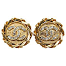 Gold Chanel CC Rhinestone Clip on Earrings