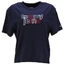 Tommy Hilfiger Womens Outline Logo Cropped Fit T Shirt in Navy Blue Cotton
