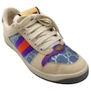 Gucci Beige / Blue / Purple Web Stripe GG Monogram Lame and Leather Low Top Screener Sneakers - Autre Marque