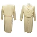 VINTAGE CHANEL DRESS WITH LOGO BUTTONS COCO M 38 BEIGE SILK DRESS - Chanel