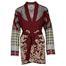 Etro Belted Jacquard-Knit Cardigan in Burgundy Linen