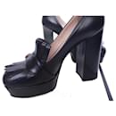 Gucci Marmont Black GG Logo Heels Fringed Square Toe Leather Pumps