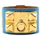 Bracciale HERMÈS Collier De Chien - Pelle Swift Bleu Izmir - Hardware dorato - Hermès