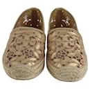 Tory Burch Gold/Natural Leather And Mesh Embroidered Rhea Leaf Espadrille Flats