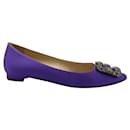 Manolo Blahnik Satin Purple Pointed Toe Flats - Silver Embellishments
