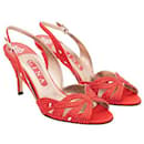Contemporary Designer Red Crystal Embellished Slingback Sandals - Autre Marque