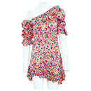 Mini vestido assimétrico de um ombro com babados e estampa multicolorida Saint Laurent