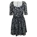 CONTEMPORARY DESIGNER Checked and Navy Blue Lace Dress with Round Neckline - Autre Marque