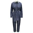 Sandro Blue Striped Long Sleeved Jumpsuit With White Collar
