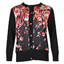 Contemporary Designer Black Cardigan With Silk Floral Front Panels - Autre Marque