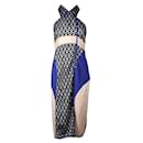 Contemporary Designer Blue, Black & Cream Halter Neck Dress - Autre Marque