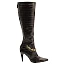 Celine Brown Croc Embossed Leather Boots with Gold Chain - Céline