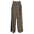 Brunello Cucinelli Belted Wide Leg Trousers in Khaki Viscose and Virgin Wool