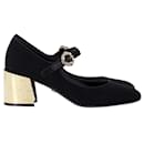 Dolce & Gabbana Sapatos Mary Jane de salto dourado em lã preta