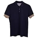 Brunello Cucinelli Striped Sleeve Hem Polo Shirt in Navy Blue Cotton