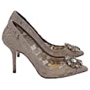 Dolce & Gabbana Crystal-Embellished Pointed-Toe Pumps in Beige Lace and Mesh
