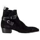 Balmain Buckle Detail Ankle Boots in Black Suede