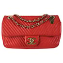 Red Chanel Medium Wrinkled calf leather Quilted Chevron Medallion Charm Surpique Flap Shoulder Bag