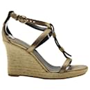 Burberry Metallic Wedge Espadrille Sandals in Gold Leather