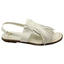 Tod's Fringed Slingback Flat Sandals in White Leather